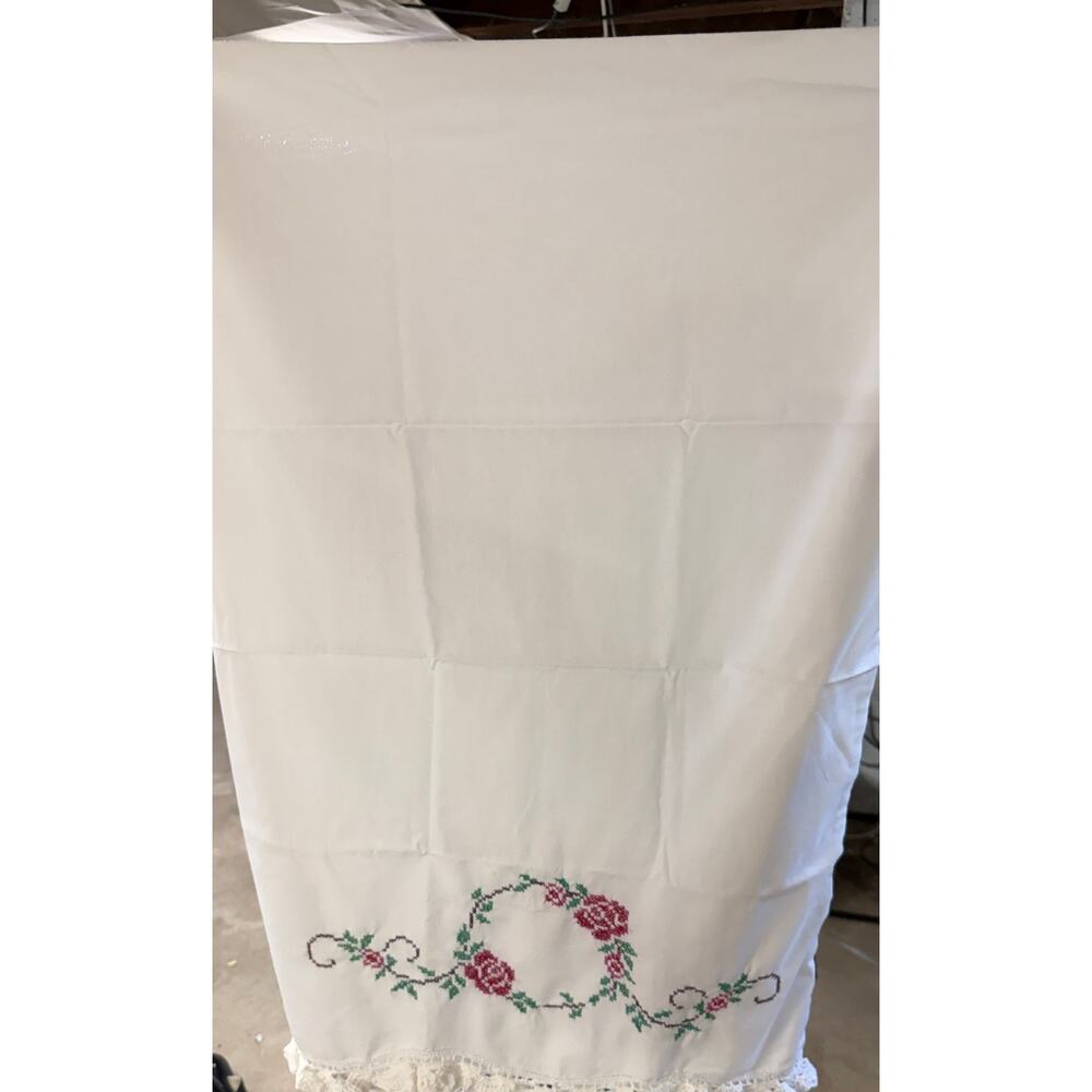 Vintage Embroidered Pillowcases Floral Cross Stitch Crochet Lace Pair